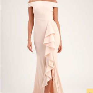 Long blush pink off the shoulder dress